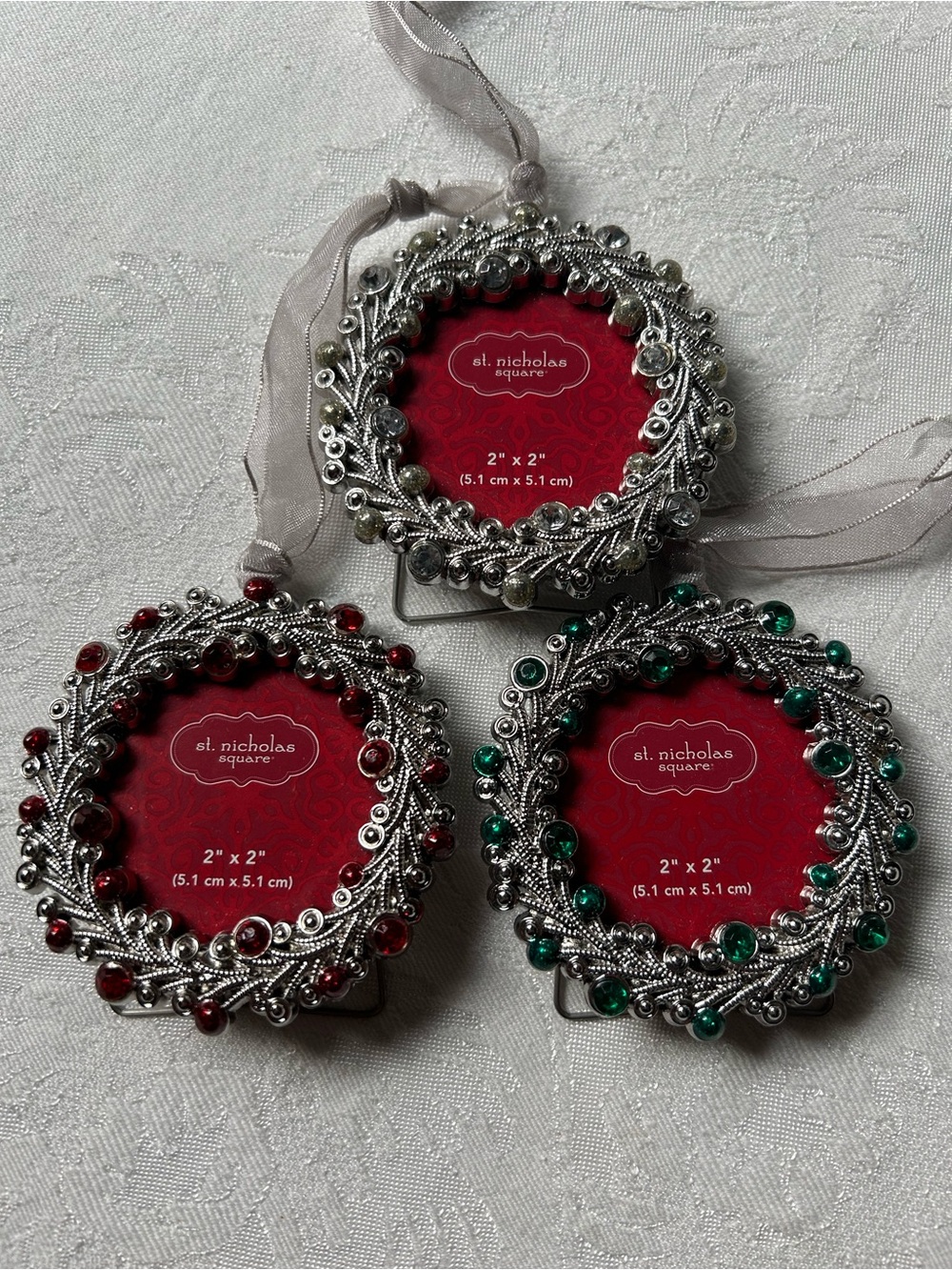 St. Nicholas Square Silver Filigree Ornament Frames with Red and Green Crystals